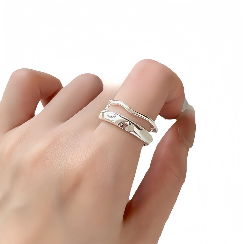 Hammered pattern pure silver open ring，S925 Sterling Silver